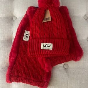UGG Red Cable Knit Hat and Scarf Set